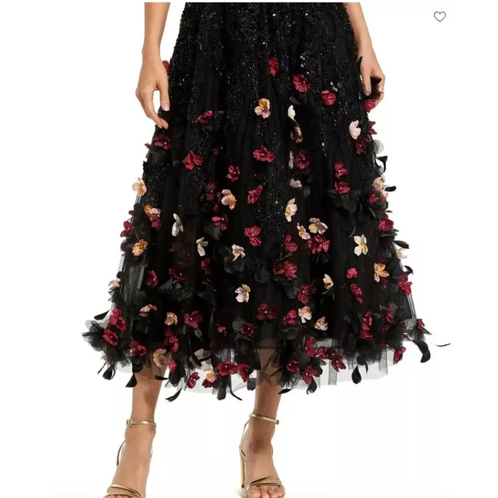 NEW Mag Duggal Sequin Floral Appliqué 3D FlowersBlack Midi Dress Size 10 - Picture 2 of 15